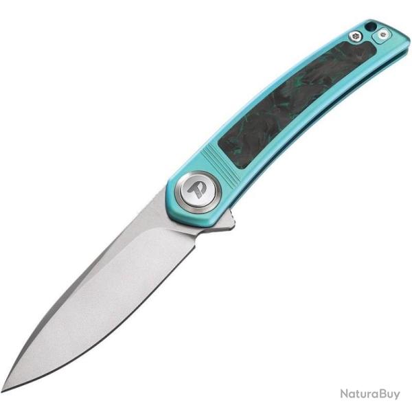 Couteau Dreamtech Lame Acier M390 Drop Point Manche Titane Teal Fibre de Carbone Button DTK4288BL