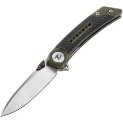 Couteau Dreamtech Lame Acier 14C28N Drop Point Manche G10 Vert Fibre de Carbone Liner Lock