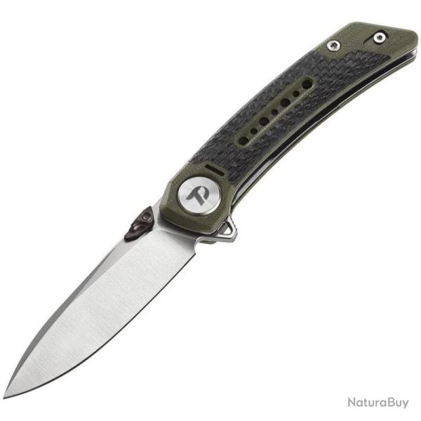 Couteau Dreamtech Lame Acier 14C28N Drop Point Manche G10 Vert Fibre de Carbone Liner Lock