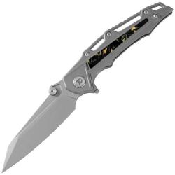 Couteau Dreamtech Lame Acier M390 Reverse Tanto Manche Titane Gris CF Jaune Frame Lock DTK3385Y