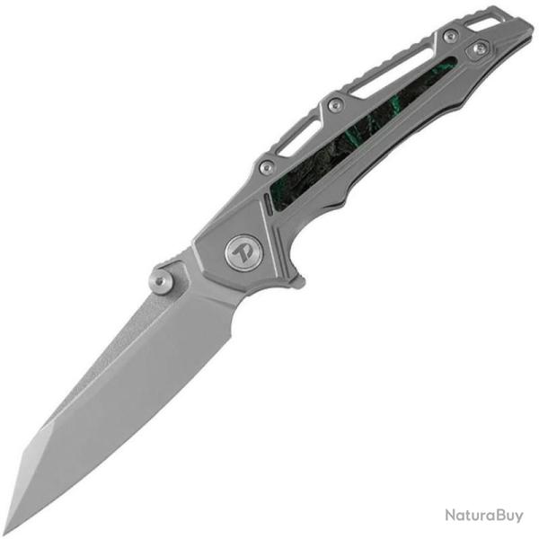 Couteau Dreamtech Lame Acier M390 Reverse Tanto Manche Titane Gris CF Vert Frame Lock DTK3385GR