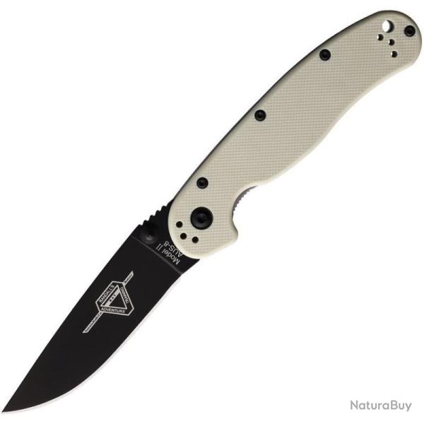 Couteau Pliant Ontario RAT II Linerlock Lame AUS-8 Noire Manche Nylon Ivoire Fabrication Taiwan