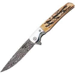Couteau Bear & Son Rancher Lame Acier Damas Manche Os Cerf&eacute; USA Sideliner BC521D