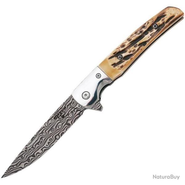 Couteau Bear & Son Rancher Lame Acier Damas Manche Os Cerf� USA Sideliner BC521D