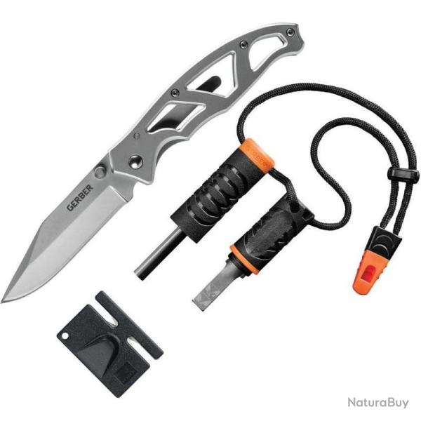 Couteau Gerber Paraframe Combo Allume-Feu et Aff�teur Lame Acier Inoxydable Manche Squelette G4134