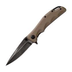 Couteau Fox Edge Mandatory Fun Lame Acier 8Cr13MoV Stonewash Manche G10 Tan Frame Lock FE025