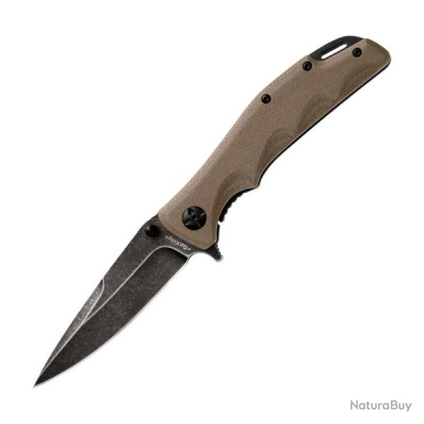 Couteau Fox Edge Mandatory Fun Lame Acier 8Cr13MoV Stonewash Manche G10 Tan Frame Lock FE025
