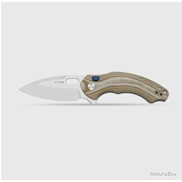 Couteau Kizer Roach XL Button Liner Lock Lame Acier 14C28N Satin Manche Norplex Micarta Marron