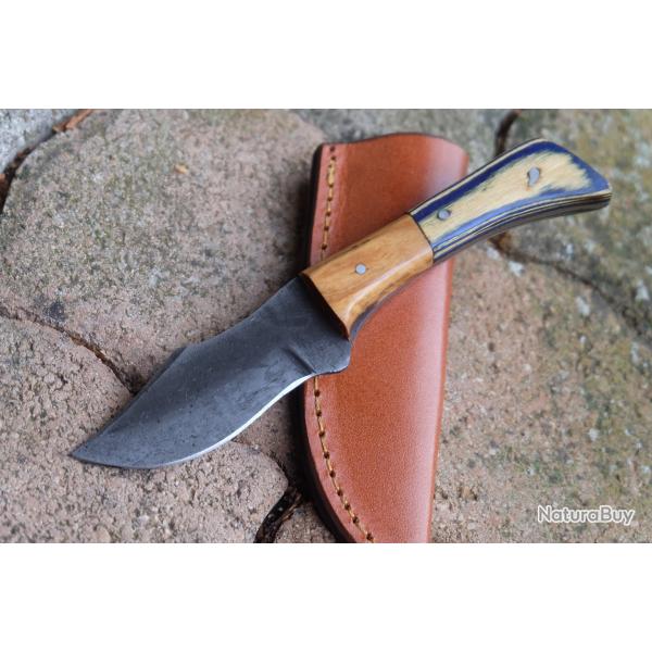 Couteau Skinner de Poche Lame Clip Point Acier Carbone 1075 Manche 2 Bois Etui Cuir Fab Artisanale