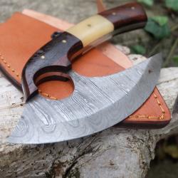 Couteau d'Esquimau Inuit Ulu Lame Acier Damas 256 Couches Manche Os/Bois Etui Cuir Fabr Artisanale