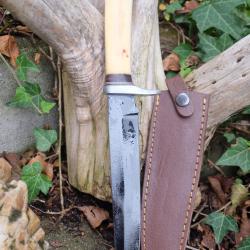 Couteau de Chasse Poignard Lame Drop Point Acier Carbone 1055 Blk Manche Os Etui Fabr Artisanale