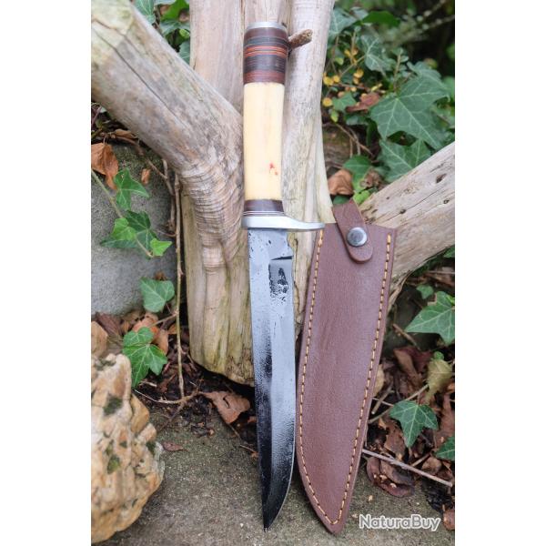 Couteau de Chasse Poignard Lame Drop Point Acier Carbone 1055 Blk Manche Os Etui Fabr Artisanale