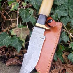 Poignard Puukko Couteau Lame Acier Damas 256 Couches Manche Bois/Os Fabic Artisanale Etui Cuir