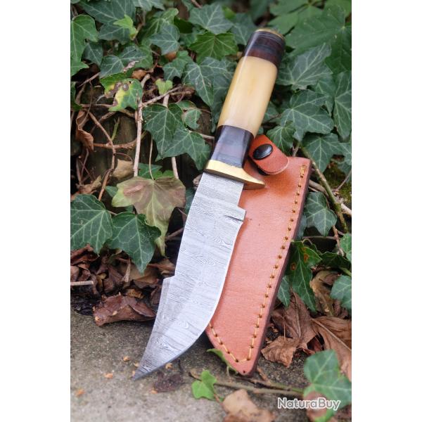 Poignard Puukko Couteau Lame Acier Damas 256 Couches Manche Bois/Os Fabic Artisanale Etui Cuir