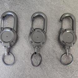 Lot de 3 porte-cl&eacute;s mousquetons r&eacute;tractables c&acirc;ble acier ~60cm neufs
