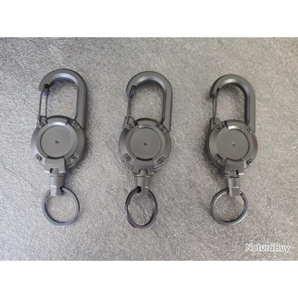 Lot de 3 porte-cl�s mousquetons r�tractables c�ble acier ~60cm neufs