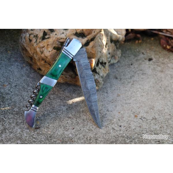 Couteau L'Irlandais Damas Lame 128 Couches Fa�on Laguiole Manche Green Tire Bouchons F Artisan