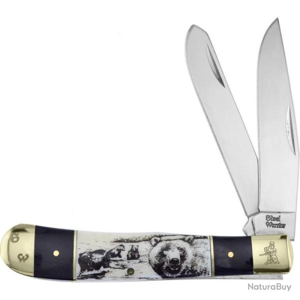 Couteau Pliant Frost Cutlery Trapper Lame Acier Inox Manche Corne et Os Noir/Blanc Slip Joint