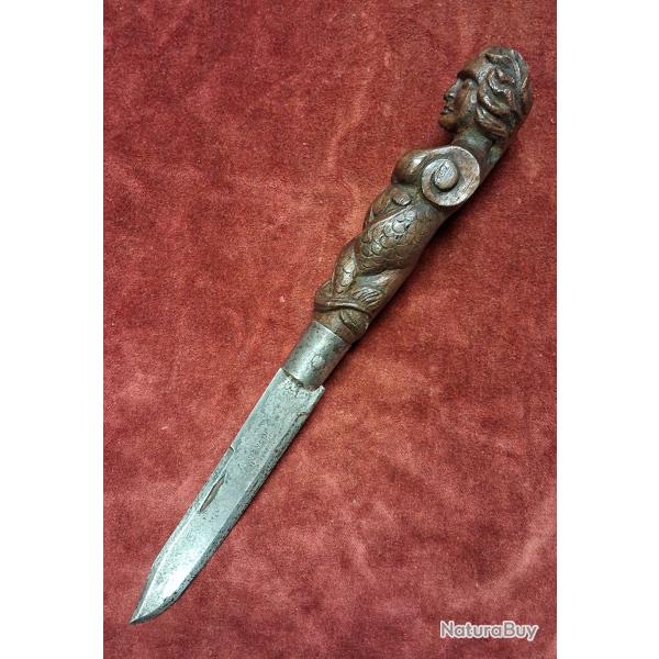 Grand couteau pliant d'apparat XIXe Art Populaire Marine "Sir�ne"sign� Mongin Marseille 26 cm.