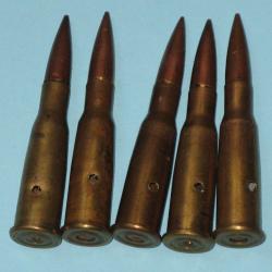 Lot de cinq cartouches de 8 x 51 R  d&eacute;militaris&eacute;es pour Lebel et Berthier.