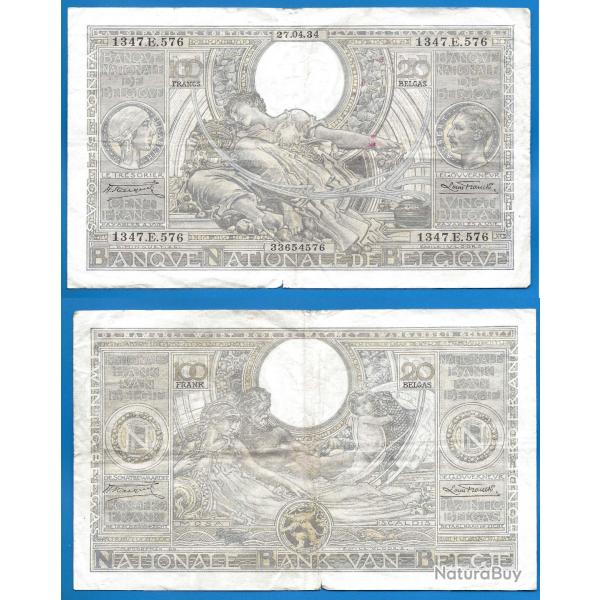 Belgique 100 Francs 1934 20 Belgas Billet Europe Nord Frs Frc Frcs