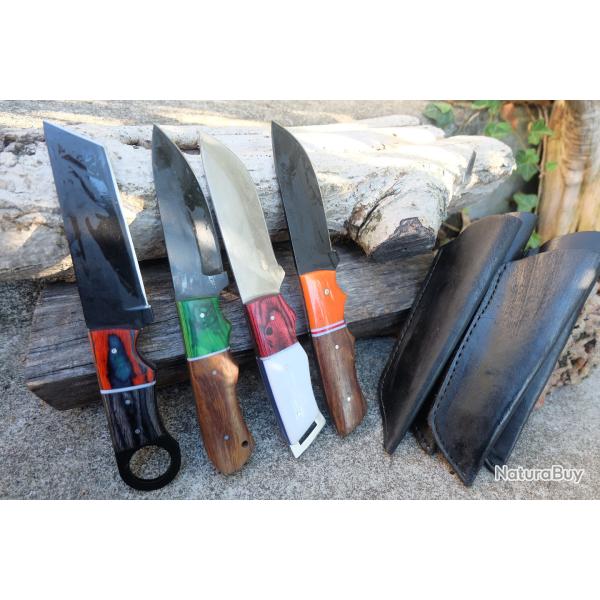 LOT DE 4 Couteau Tactical Urbain Lame Drop Acier Carbone 1055 Manche Bois/R�sine Etui Fab Artisanale
