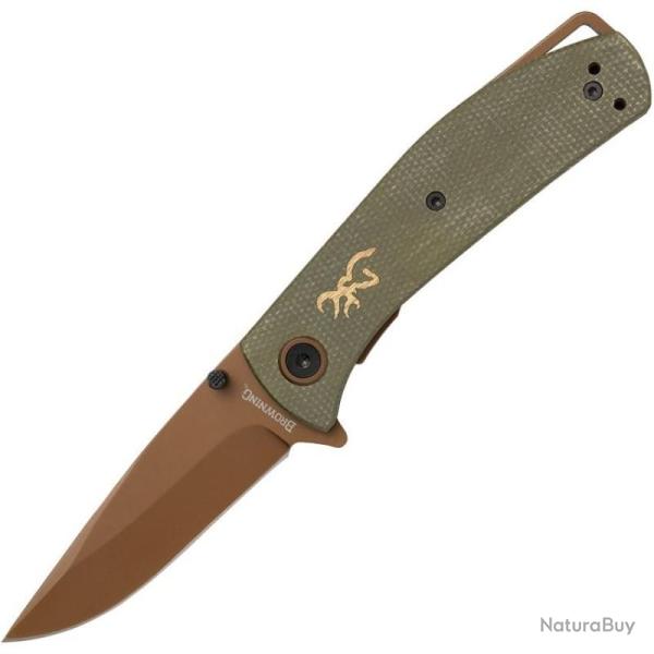 Couteau Browning Small Trailside Lame Acier D2 Manche Micarta Toile Vert Linerlock Flipper BR0516B
