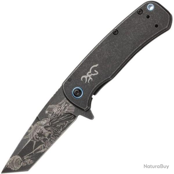 Couteau Pliant Browning Patriot Tanto Lame Acier Inox Manche Inox Noir Framelock Flipper BR0459B