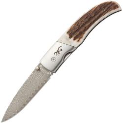 Couteau Pliant Browning Illusion Lame Acier Damas Manche Bois de Cerf Naturel Linerlock Japon BR0370