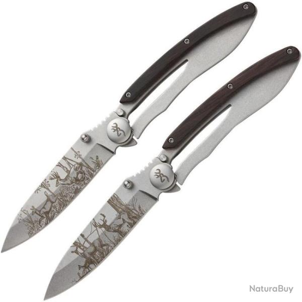 Set 2 Couteaux Pliants Browning Big Buck Lame Inox Manche Bois de Noyer Thumb Stud Coffret BR0318B