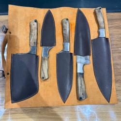 Set de 5 couteaux lame damas et manche noyer
