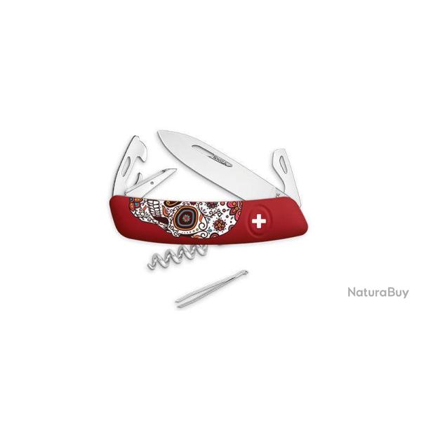 Couteau suisse Swiza D03 Mexican Skull 6 outils lame 75 mm - Rouge