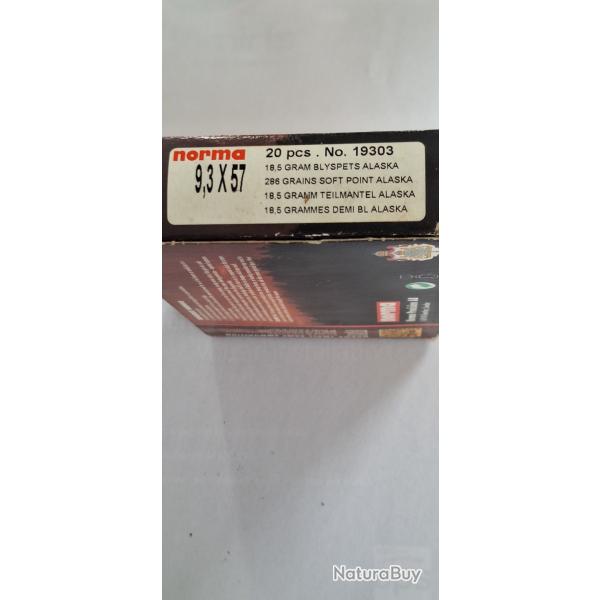 NORMA boite neuve de 20 munitions cal 9.3x57 demi blind�e Alaska 18.9 g vendu par poudrenoirepro