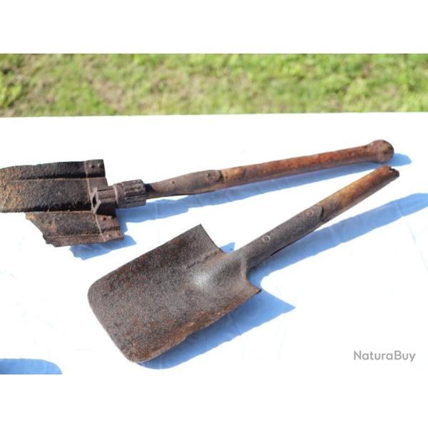Lot 2 pelles en l'�tat Klappspaten mod�le 1938 WWII troupe d'occupation Normandie 1944