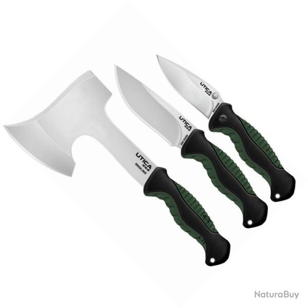 Kit Camping Utica Campsite Combo Lame Acier 8Cr13MoV Manche Polym�re Noir et Vert �tuis Nylon