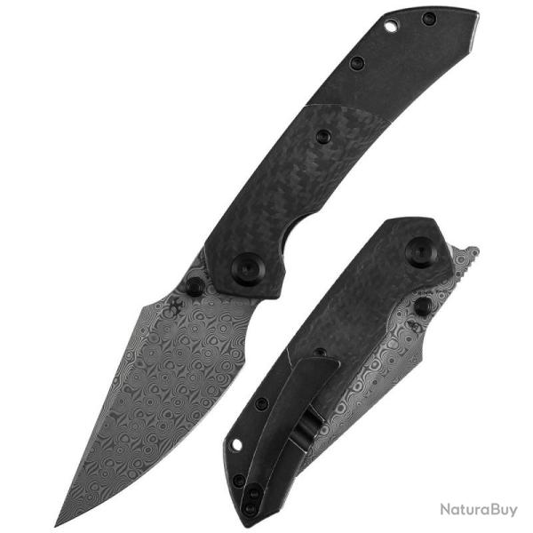 Couteau Kansept Fenrir Lame Harpoon Acier Damas Manche Titane Fibre Carbone Liner Lock K1034D1
