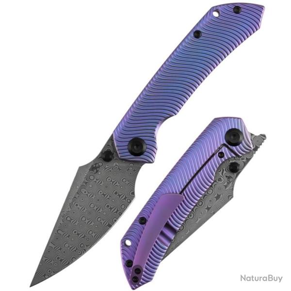 Couteau Pliant Kansept Fenrir Lame Harpoon Acier Damas Manche Titane Violet Frame Lock K1034C5