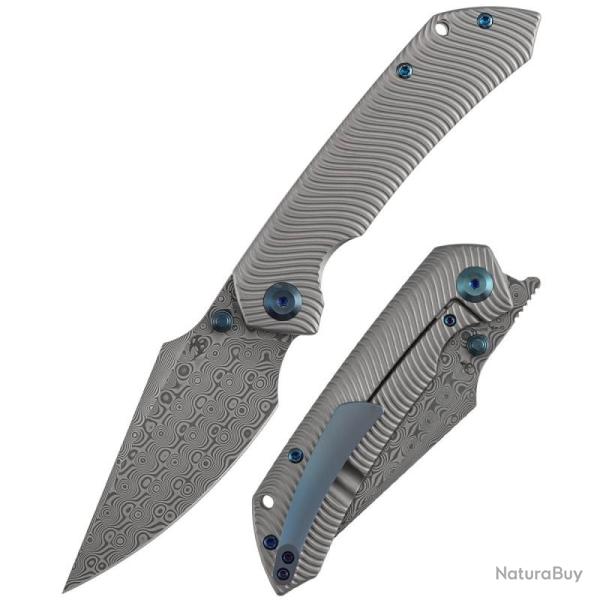 Couteau Pliant Kansept Fenrir Lame Harpoon Acier Damas Manche Titane Frame Lock K1034C4