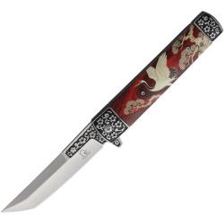 Couteau Falcon Linerlock A/O Lame Tanto Acier 440 Manche Inox Motif Grue FLNKS2538CR