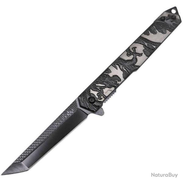 Couteau ElitEdge Dragon Blk/Slv Lame Acier 440C Manche Acier inoxydable Linerlock EE10A134SB