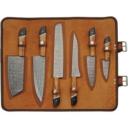 Set de Cuisine Damas Saddlewood 6 Pi&egrave;ces Lame Acier Manche Micarta et Bois Trousse DM1398