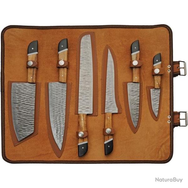 Set de Cuisine Damas Saddlewood 6 Pi�ces Lame Acier Manche Micarta et Bois Trousse DM1398