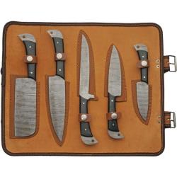 Set de Cuisine Damas 5 Pi&egrave;ces Lame Acier Manche Micarta Noir Trousse DM1396