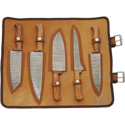 Set de Cuisine Damas Mosa&iuml;que 5 Pi&egrave;ces Lame Acier Manche Bois Marron Trousse DM1392