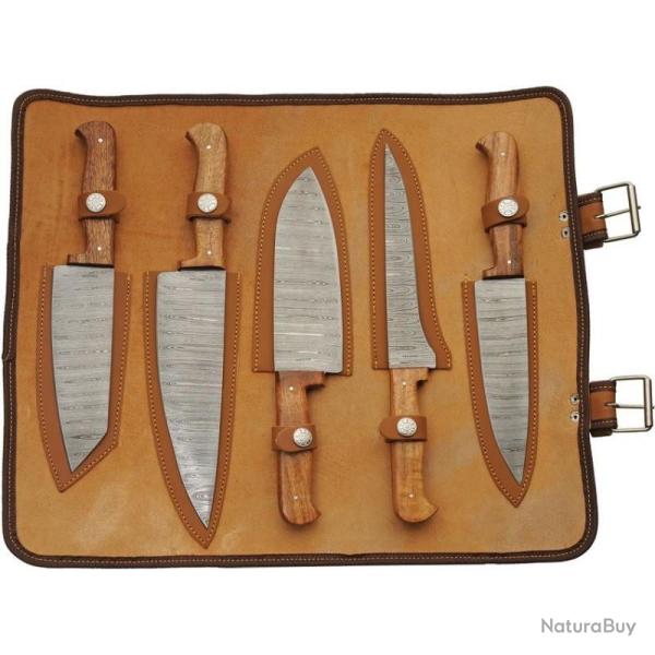 Set de Cuisine Damas Mosa�que 5 Pi�ces Lame Acier Manche Bois Marron Trousse DM1392