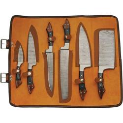 Set de Cuisine Damas 6 Pi&egrave;ces Lame Acier Manche Micarta et Bois Garde Inox Trousse Cuir DM1378