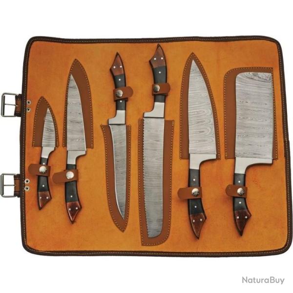 Set de Cuisine Damas 6 Pi�ces Lame Acier Manche Micarta et Bois Garde Inox Trousse Cuir DM1378