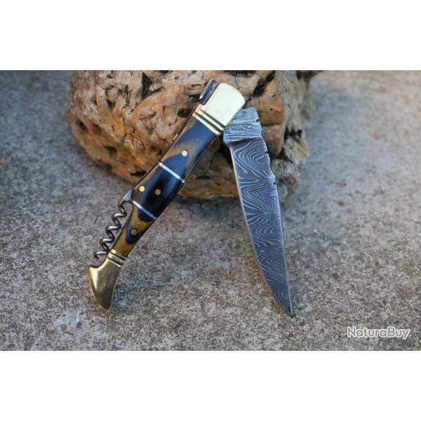 Couteau Damas Lame 128 Couches Fa�on Laguiole Abeille Manche 3 Bois Tire Bouchons Fab Artisanale