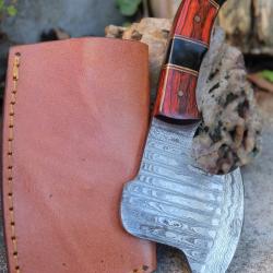 Couteau d'Esquimau Inuit Ulu/Hachoir Lame Acier Damas 256 Couches Manche Bois/Corne Etui Fab Artisan