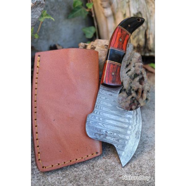 Couteau d'Esquimau Inuit Ulu/Hachoir Lame Acier Damas 256 Couches Manche Bois/Corne Etui Fab Artisan